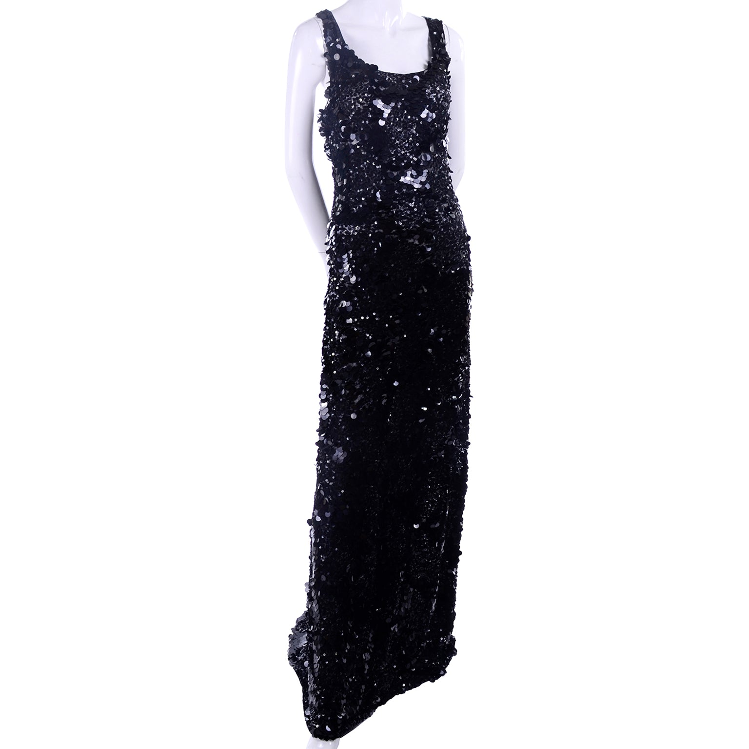 1970s Vintage Black Sequins & Paillette Evening Gown Dress w Train & Bustle