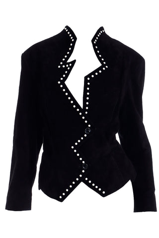 1980s Vintage Black Suede Avant Garde Zig Zag Jacket W White Studs