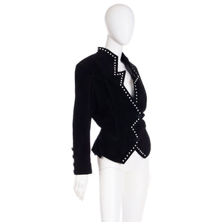 1980s Vintage Black Suede Avant Garde Zig Zag Jacket W White Studs Size L