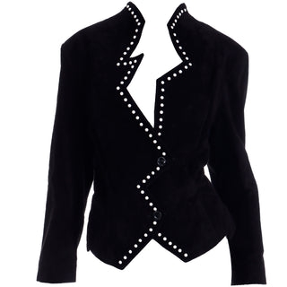 1980s Vintage Black Suede Avant Garde Zig Zag Jacket W White Studs Size Large Mugler style