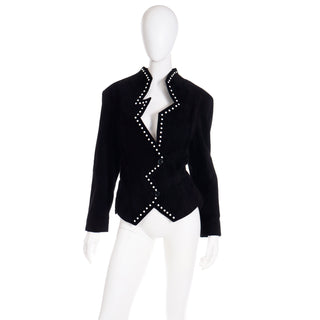 1980s Vintage Black Suede Avant Garde Zig Zag Size Large Jacket W White Studs 