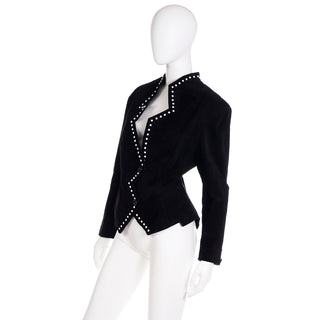 1980s Vintage Black Suede Avant Garde Zig Zag Jacket W White Studs Thierry Mugler Style