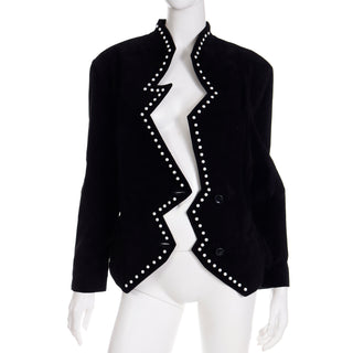 Thierry Mugler Style 1980s Vintage Black Suede Avant Garde Zig Zag Jacket W White Studs