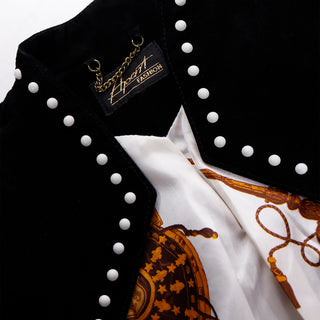 1980s Vintage Black Suede Avant Garde Zig Zag Jacket W White Studs Lined