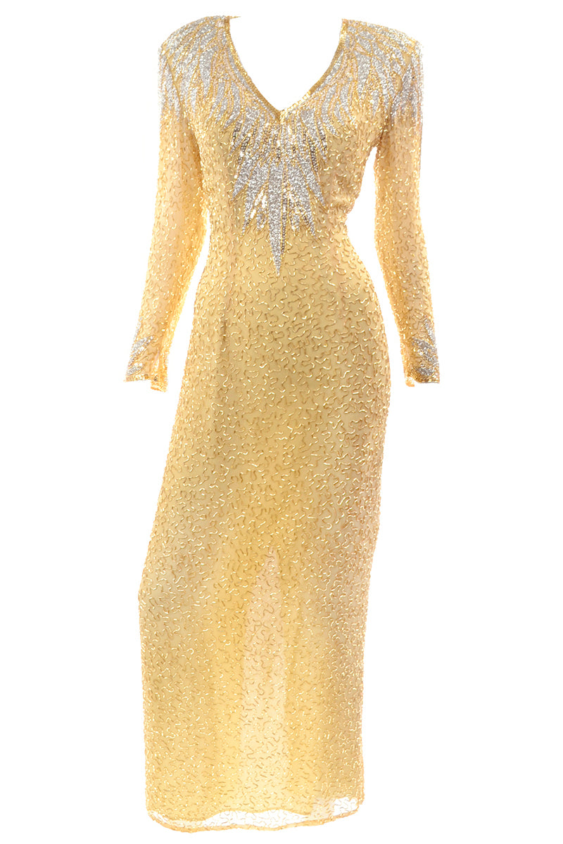 Vintage Black Tie Fully Beaded Gold Evening Dress w/ Open Back Size 8 Modig Vintage Black Tie Fully Beaded Gold Evening Dress w/ Open Back Size 8 Modig