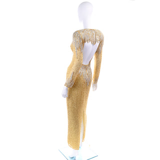 1980s Fully Beaded Gold Vintage Evening Dress w/ Open Cutout Back