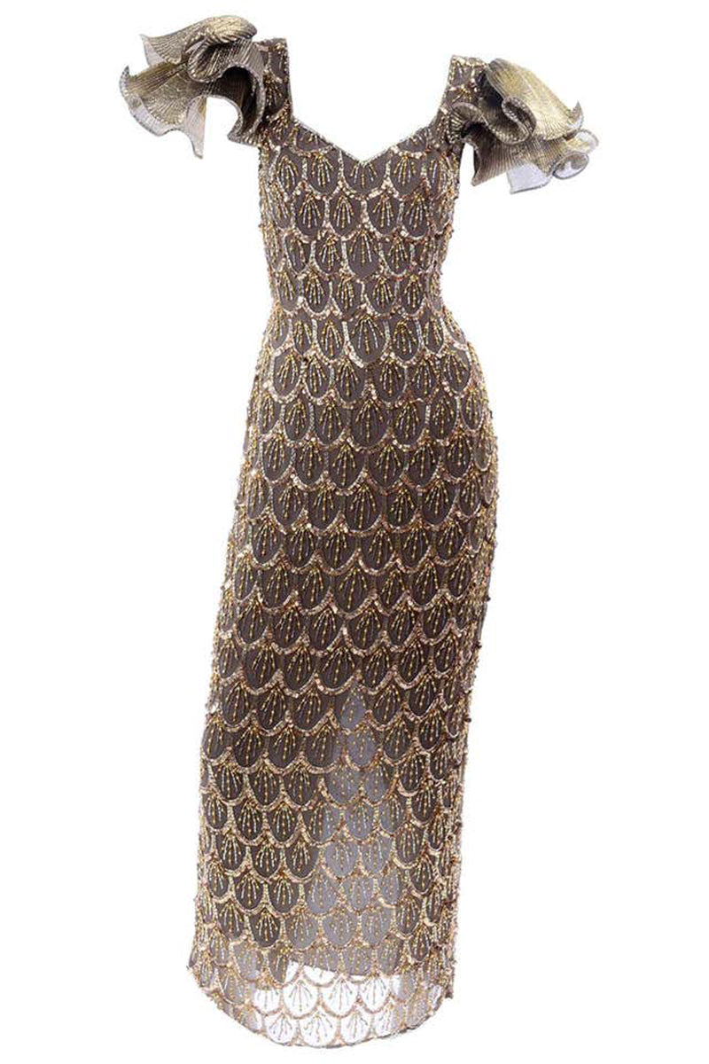 Black Tie Vintage Gold & Bronze Beaded Evening Dress w Flutter Sleeves Modig Black Tie Vintage Gold & Bronze Beaded Evening Dress w Flutter Sleeves Modig