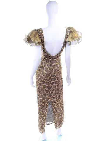 Low Back Black Tie Gold Beaded Evening Gown Dress W Statement Fluter Sleeves