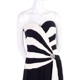 Ruched Vintage Black and White Silk Chiffon Dress Strapless Evening Gown