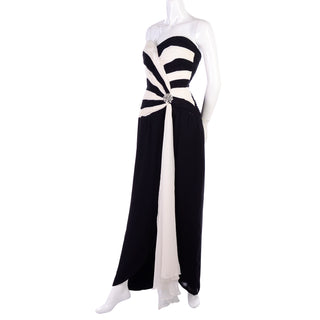 1990s Vintage Black and White Silk Chiffon Dress Strapless Evening Gown
