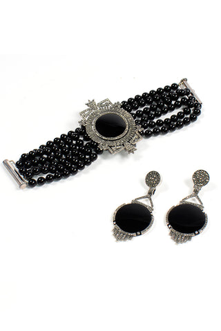 Vintage Sterling Silver Marcasite & Black Onyx Bracelet & Earrings Set