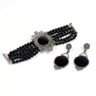 Vintage Sterling Silver Marcasite & Black Onyx Bracelet & Earrings Set