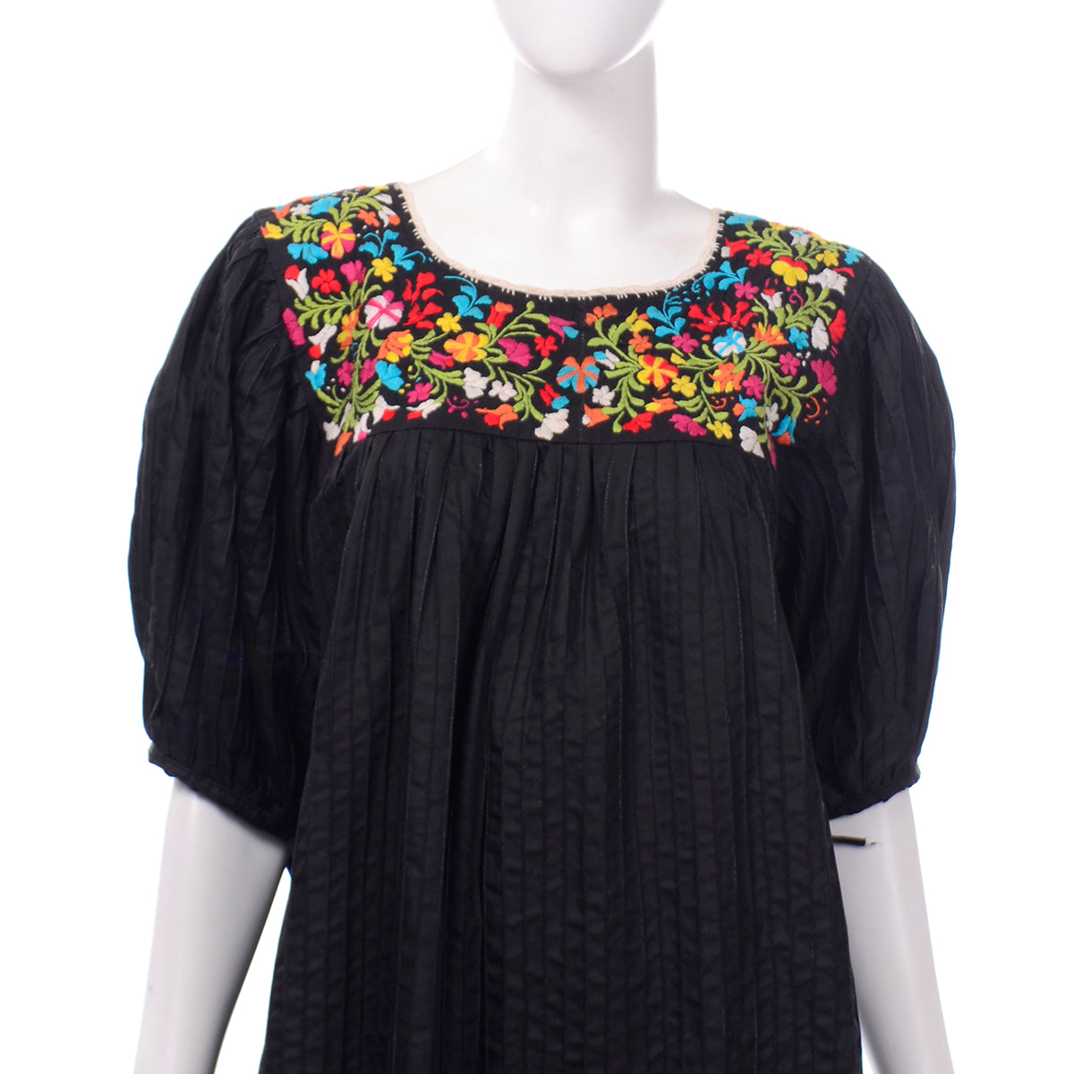 1960s Black Topstitched Summer Dress w/ Colorful Embroidery Size Small Modig 1960s Black Topstitched Summer Dress w/ Colorful Embroidery Size Small Modig