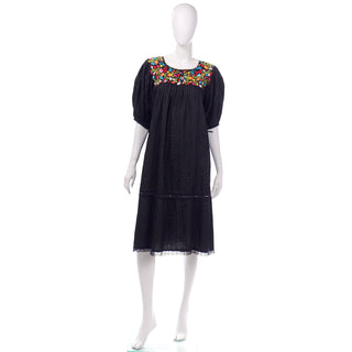 Black puff sleeve Mexican embroidered dress with lace inserts