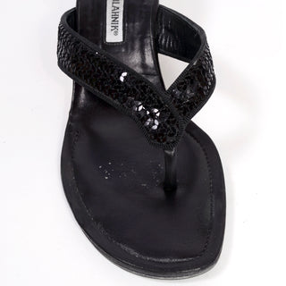Vintage Manolo Blahnik black sequin flip flops low heel