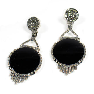 Estate Vintage Sterling Silver Marcasite & Black Onyx Bracelet & Earrings Set