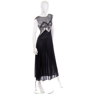 1950s Val Mode Black Nylon Nightgown w/ Sheer Lace