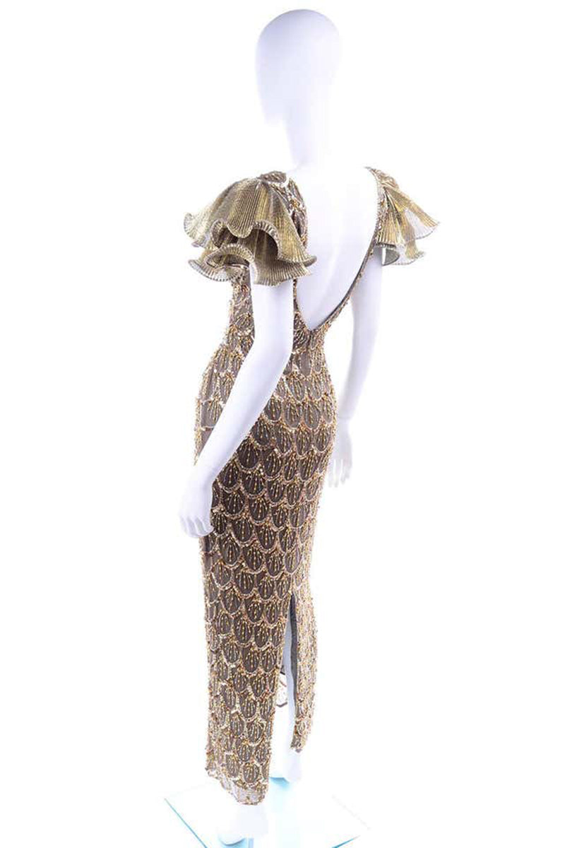 1980s Black Tie Vintage Gold Bronze Beaded Evening Dress w Statement Sleeves 1980s Black Tie Vintage Gold Bronze Beaded Evening Dress w Statement Sleeves