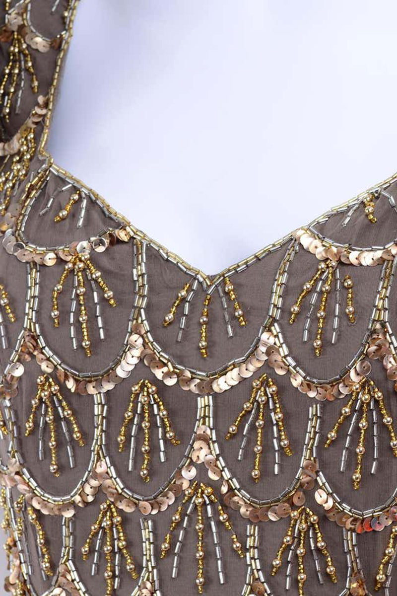 Black Tie Vintage Gold & Bronze Beaded Evening Dress w Flutter Sleeves Modig Black Tie Vintage Gold & Bronze Beaded Evening Dress w Flutter Sleeves Modig