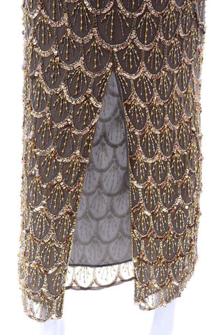 Black Tie Gold Beaded Evening Gown Dress W Statement Fluter Sleeves Silk 1980s
