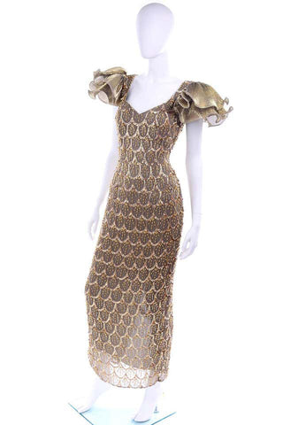 1980s Black Tie Gold Beaded Evening Gown Dress W Statement Fluter Sleeves
