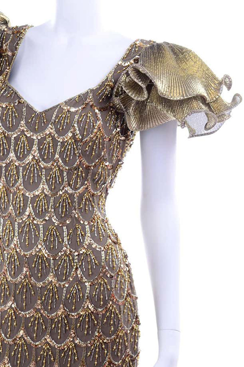 Black Tie Vintage Gold & Bronze Beaded Evening Dress w Flutter Sleeves – Modig Black Tie Vintage Gold & Bronze Beaded Evening Dress w Flutter Sleeves – Modig