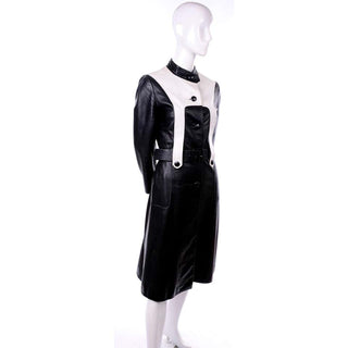 1970s Mod Black & White Leather Vintage Coat w/ Belt 4/6