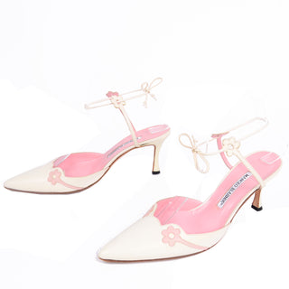 Pointed Toe Manolo Blahnik Vintage Ivory Ankle Strap Shoes With Pink Flowers with low heels