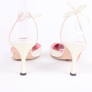 Manolo Blahnik Vintage Ivory Ankle Strap Shoes With Pink Flowers with pointed toes