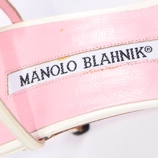 Manolo Blahnik Vintage Ivory Ankle Strap Shoes With Pink Flowers 37