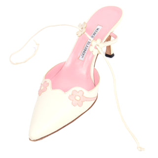 Manolo Blahnik Vintage Ivory Ankle Strap Shoes With Pink Flowers daisies