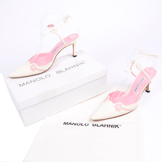 Manolo Blahnik Ivory Ankle Strap Shoes With Pink Flowers