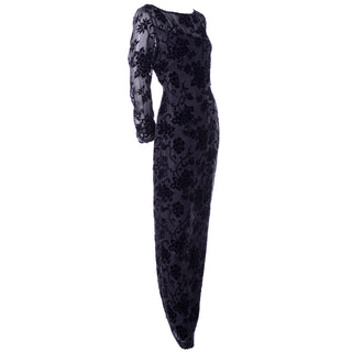 1980s Bloomingdales Vintage Burn Out Black Velvet Evening Dress full length gown