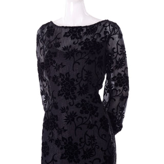 1980s Bloomingdales Vintage Burn Out Black Velvet Evening  Gown Dress