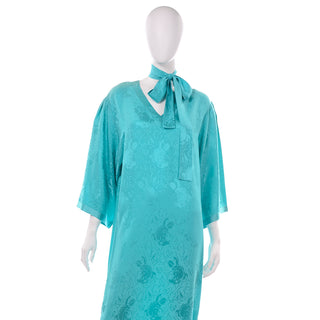 1980s Turquoise Silk Rose Jacquard Caftan House Dress