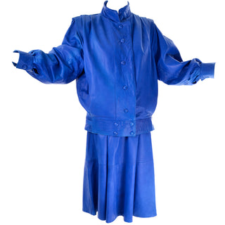Oversized blue leather lambskin jacket and skirt