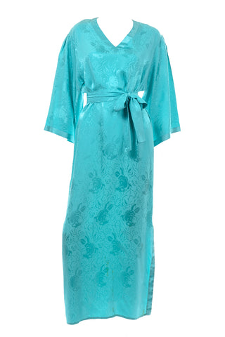 1980s Turquoise Silk Rose Jacquard Caftan House Dress