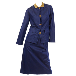 Bill Atkinson Blue Skirt Jacket Suit With  Brass Closures Vintage Modig