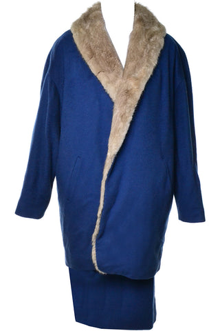 1960's Vintage Blue Felted Skirt Suit Fur Lined Coat Size 6 - Dressing Vintage