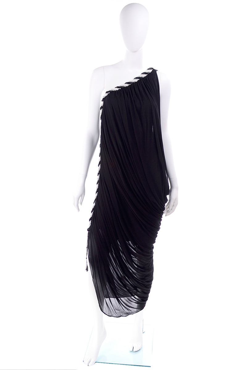 1970s Bob Mackie Black Silk Grecian One Shoulder Dress w/ Beaded Rope Modig 1970s Bob Mackie Black Silk Grecian One Shoulder Dress w/ Beaded Rope Modig