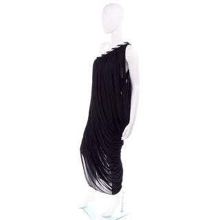 1970s Bob Mackie Vintage Black Silk Beaded Grecian Dress W One Shoulder