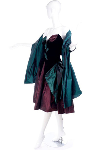 1980s Bob Mackie Strapless Corset Dress & Wrap Green & Burgundy Velvet & Taffeta