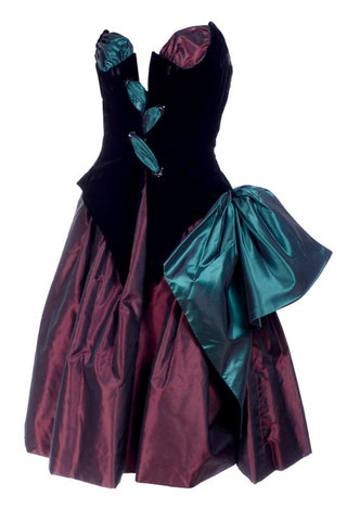 1980s Bob Mackie wine and green taffeta strapless corset evening dress