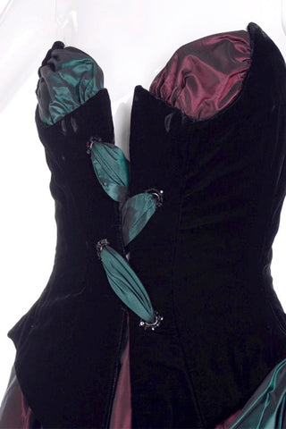 1980s Bob Mackie Strapless Corset Dress W Wrap Green & Burgundy Velvet & Taffeta
