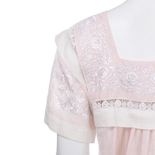 Vintage Pink Linen Dress With White Lace and Embroidery Details Fine Fabric