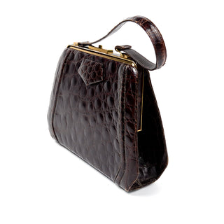 1960s Chocolate Brown Leather Handbag w/ Crocodile Embossing