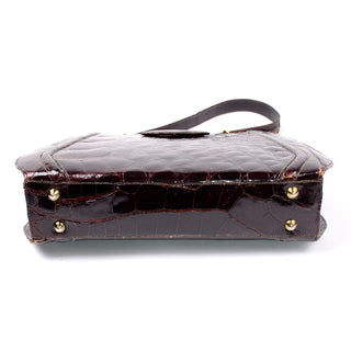 1960s Chocolate Brown Leather Handbag w/ Crocodile Embossing