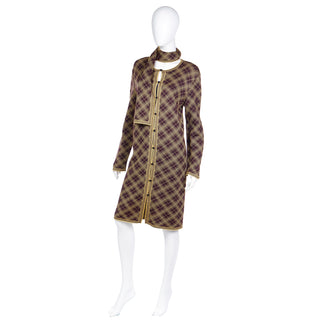 1990s Yves Saint Laurent YSL vintage plaid sweater dress with neck scarf