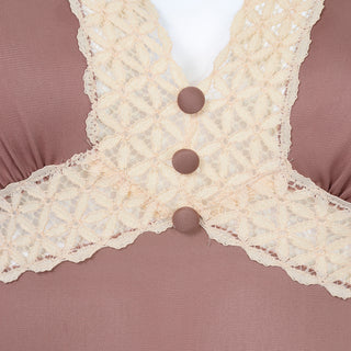 Vintage Vanity Fair Brown Nylon Long Nightgown w/ Cream Lace Size Medium