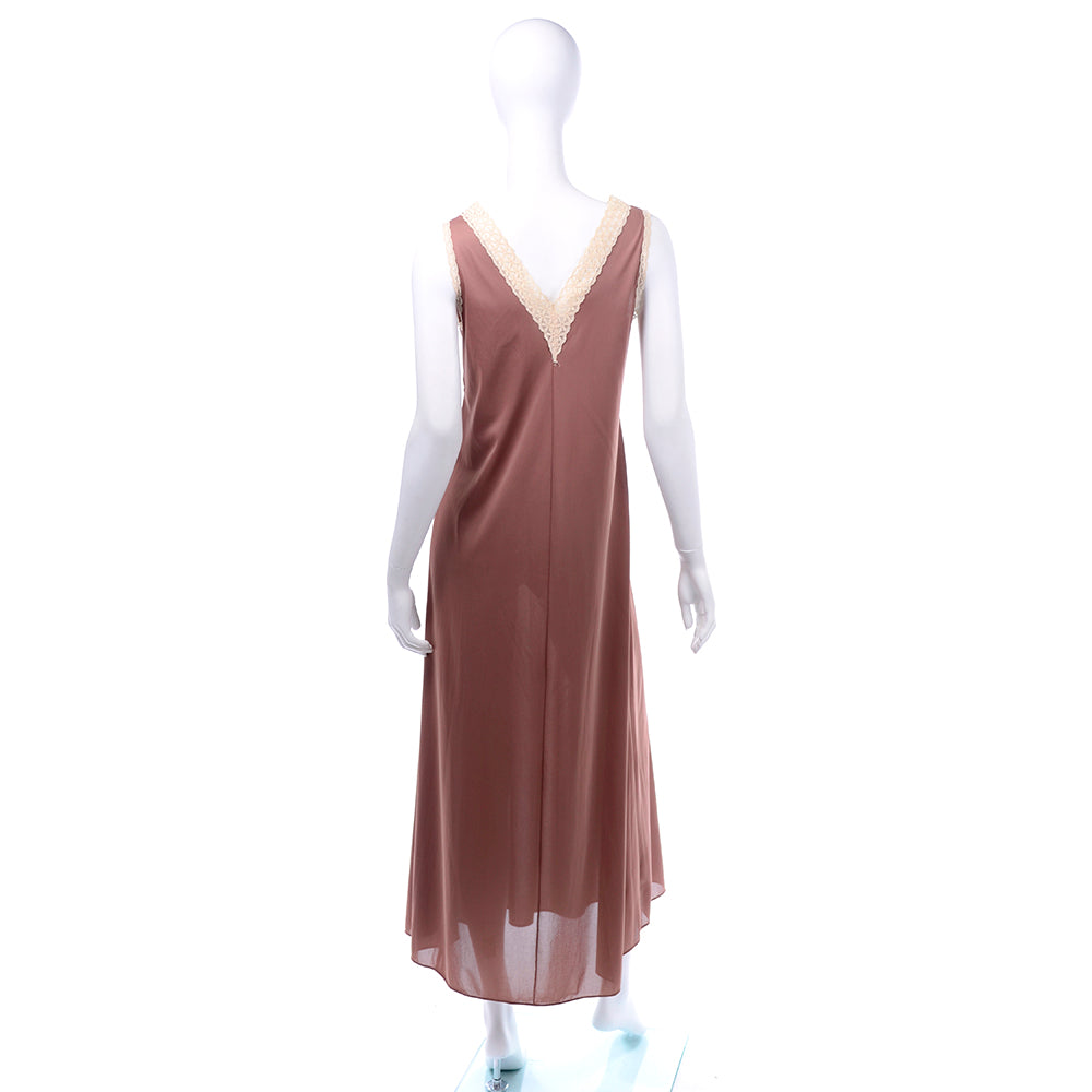 1960s's Brown Sheer Chiffon Nightgown w/ Lace & Butterfly Applique